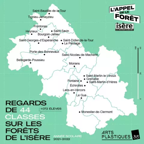 Carte de l'Isère  localisant les écoles ayant participé au projets ArtsPlastiques38 © Studio Silance