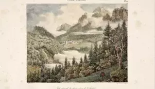 gravue de  La Grande Chartreuse dans son environnement de montagne © imp. lith.F. Delpech | Photo Archives départementales Isère