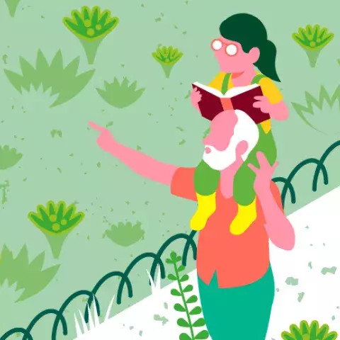 dessin : un papy portant sa peite fille sur les épaules dans un jardin